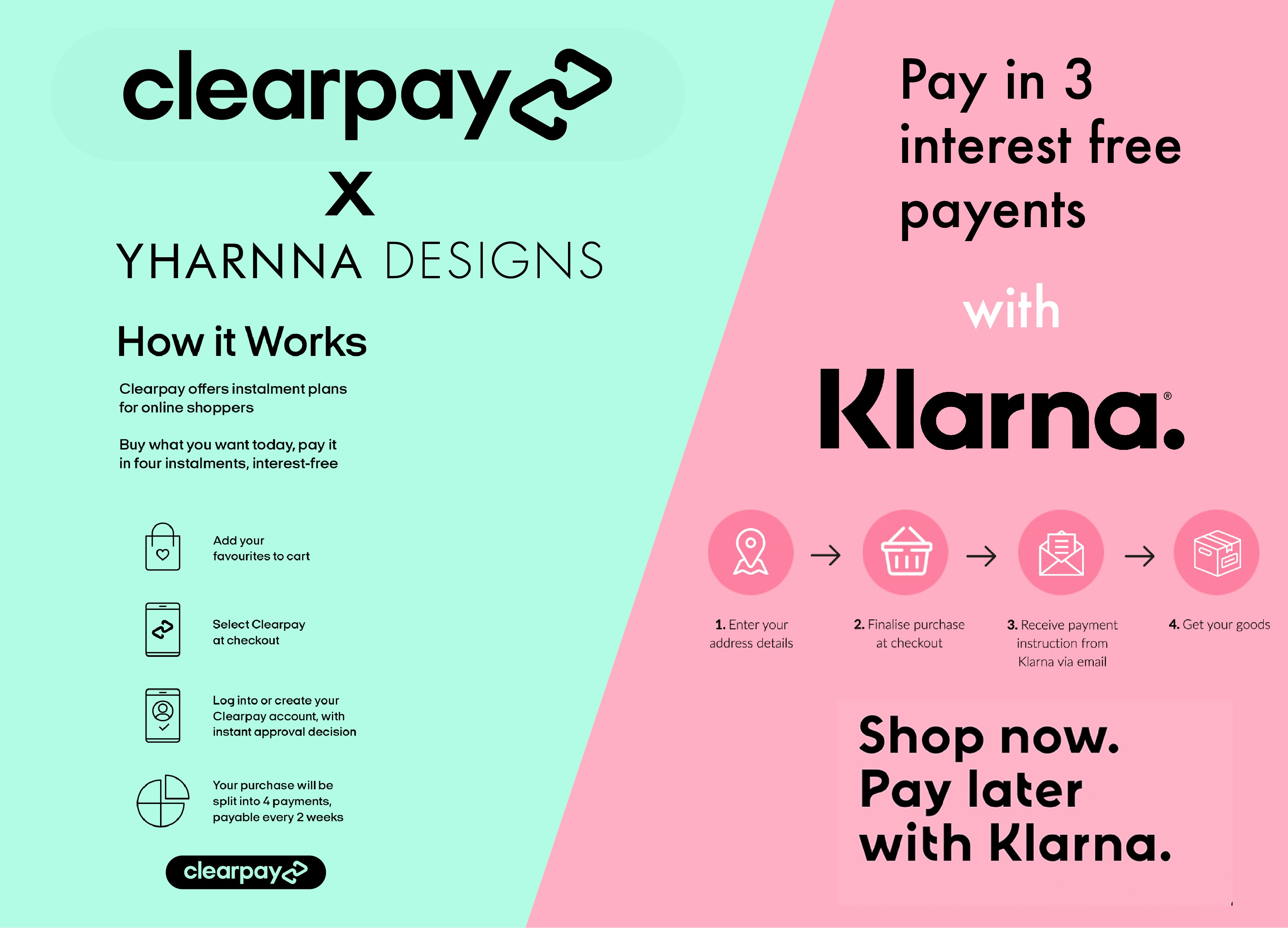 BUY NOW PAY LATER WITH CLEARPAY UK AND KLARNA – Yharnna Designs